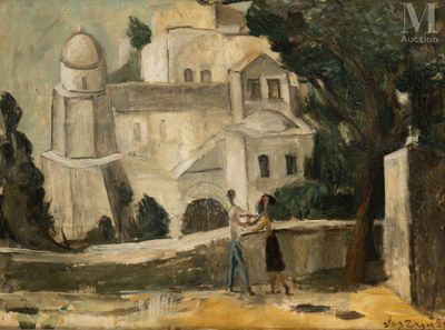 tableau représentant un couple debout devant un bâtiment