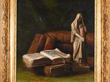an oil painting of a woman reading a book on a couch