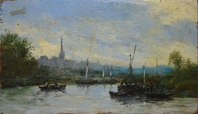 un tableau représentant des bateaux sur une rivière, avec une église en arrière-plan