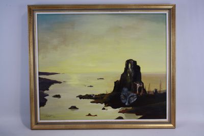 tableau représentant un couple assis sur un rocher au bord de la mer