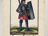 an old book with a picture of a man in armor holding a sword