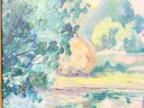 a painting of a woman sitting on a bench by the water