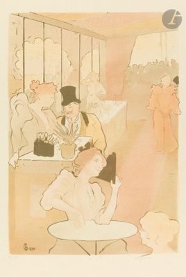 tableau représentant un homme coiffé d'un haut-de-forme, assis à une table dans un restaurant