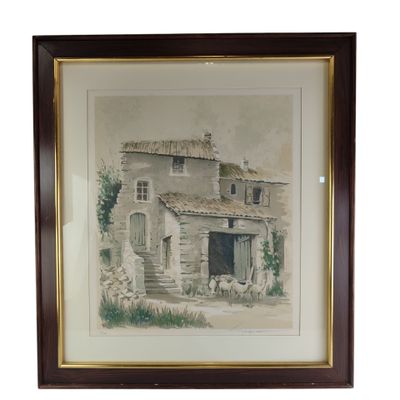 aquarelle encadrée représentant une maison en pierre, dans un cadre en bois