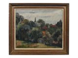 an oil painting of a landscape with a church in the distance