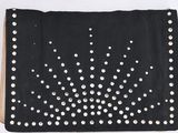 black clutch bag with silver studding and zipper closure
