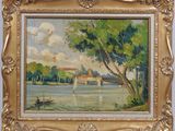 an image of a painting of a boat on a river