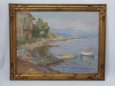 une peinture à l'huile représentant un bateau dans l'eau, à côté d'un bâtiment