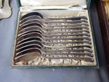 several spoons and forks in a case sitting on a table