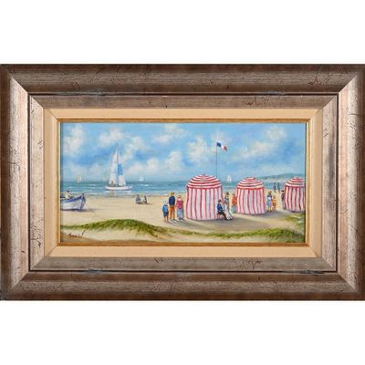 painting of a beach scene with people on the sand and a sailboat in the distance