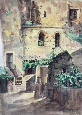 une aquarelle représentant un bâtiment et une fontaine