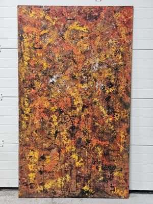 une peinture abstraite représentant un arbre aux feuilles orange et jaunes