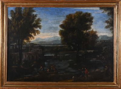 l'image d'un tableau représentant un paysage avec une rivière au premier plan