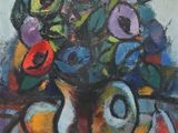 painting of a painting of a vase with flowers in it on a table