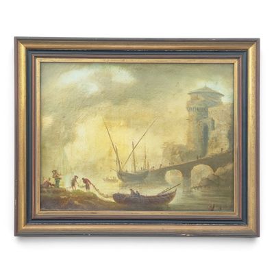 an oil painting of a boat in a body of water with a castle in the background