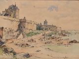 an image of a painting of a castle by the water