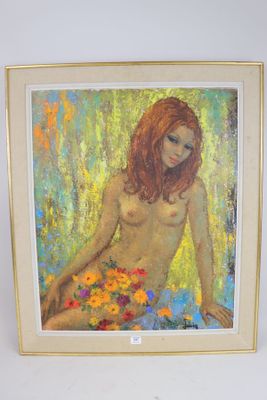 tableau représentant une femme assise sur un lit, avec des fleurs devant elle