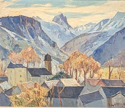 painting of a village in the mountains with a church in the foreground