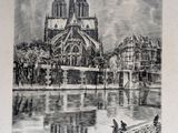 drawing of a man sitting on a dock in front of a large cathedral