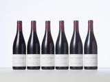 six bottles of red wine lined up in a row