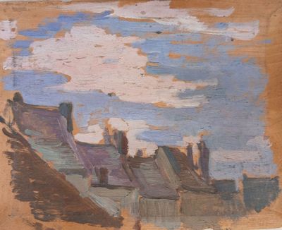 une image représentant un tableau où l'on voit un ciel nuageux au-dessus d'une ville