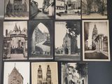 several old black and white photographs of a church and other buildings