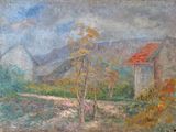une image représentant une peinture d'une maison et d'un arbre dans un champ