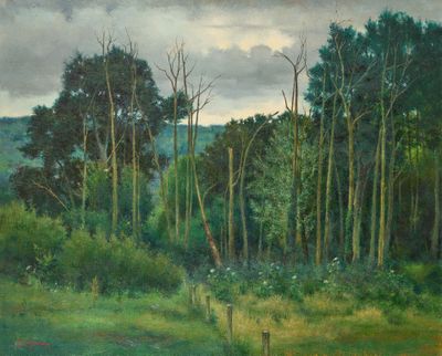 tableau représentant un champ avec des arbres et une clôture au premier plan