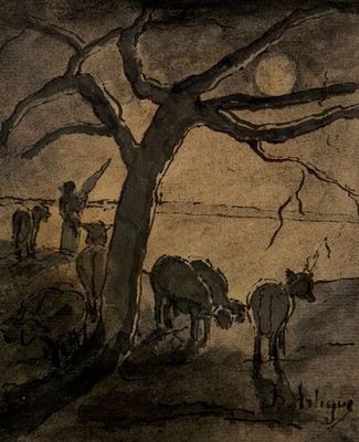 painting of a group of cows grazing under a tree in a field