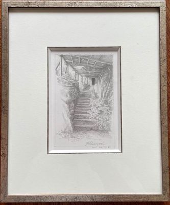 drawing of a stairway leading to a house in a wood frame