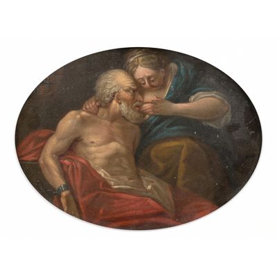tableau représentant un homme réconforté par une femme dans un lit