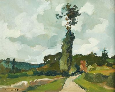 tableau représentant une route de campagne avec un arbre solitaire au loin