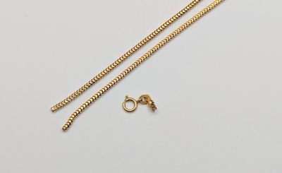 a gold chain and a pair of earrings on a white surface