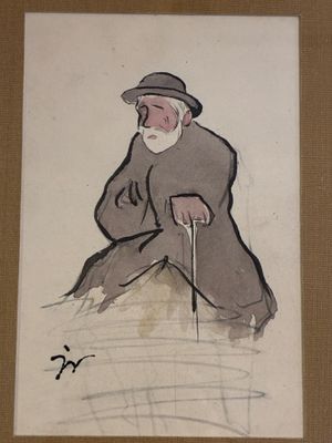 tableau représentant un vieil homme, muni d'une canne et coiffé d'un chapeau, assis sur un rocher
