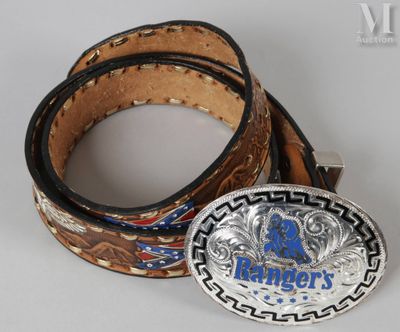 the belt is made of leather and has a metal buckle with a blue and white logo