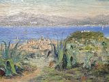 a painting of a view of a beach and a body of water