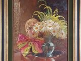 painting of a little girl with flowers in a vase on a table
