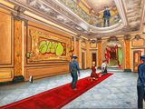 a painting of a man and a woman walking down a red carpet