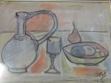tableau représentant une nature morte avec un pichet, un bol et des poires