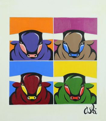 Patrick COUSSU dit ASKI (né en 1952). 4 Taureaux. Acrylique …