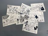 several black and white cartoon pictures of people and animals on a refrigerator