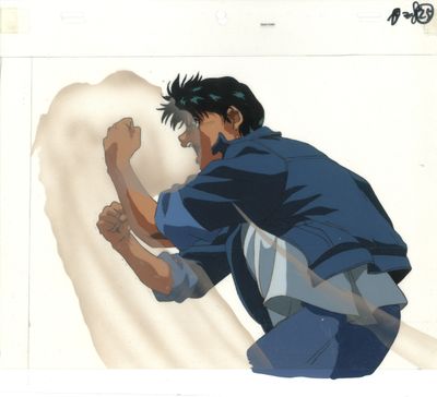 cellule d'animation représentant un homme en chemise bleue et en jean