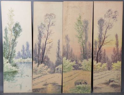 Trois tableaux représentant des arbres et une rivière sont exposés dans une pièce
