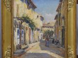 une peinture à l'huile représentant une scène de rue avec des personnes marchant dans la rue