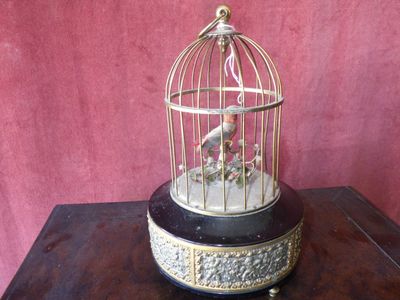 un oiseau dans une cage posée sur une table, sur fond rouge