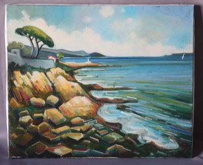 Max TOUTAIN (1935-2006), "Le pin parasol sur la crique", hui…