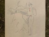 un dessin représentant un homme chevauchant un taureau au sol