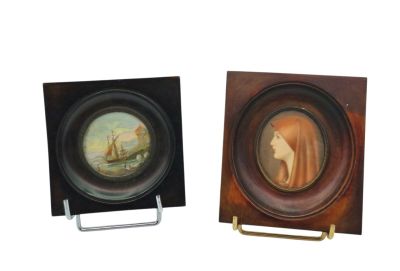 two paintings of a woman and a man in a boat