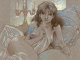 dessin représentant une femme allongée sur un lit avec un oreiller bleu