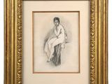 a drawing of a woman sitting on a chair in a gold frame
